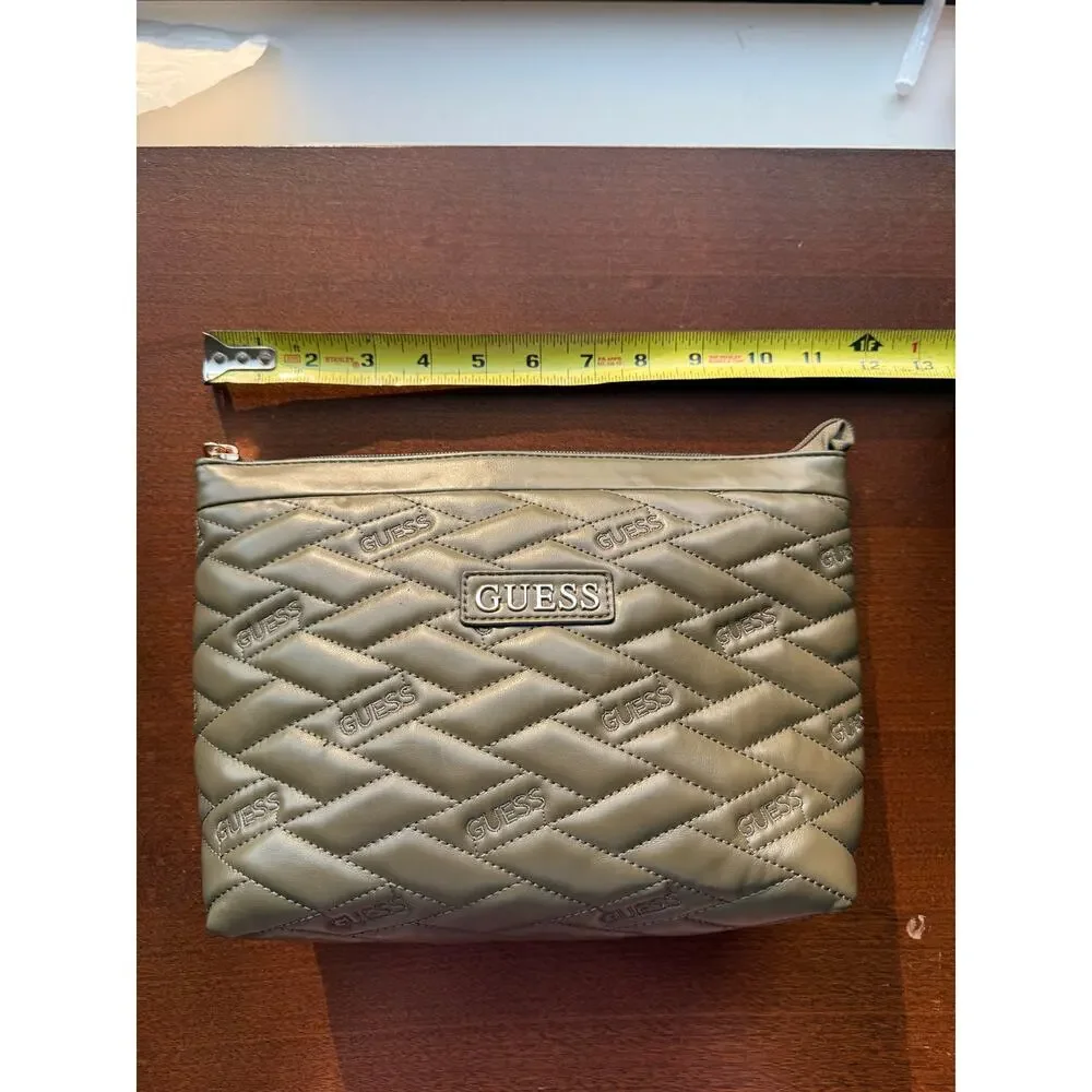 NWT GUESS Olive Green Quilted Logo Cosmetic Pouch Briella Travel Bag